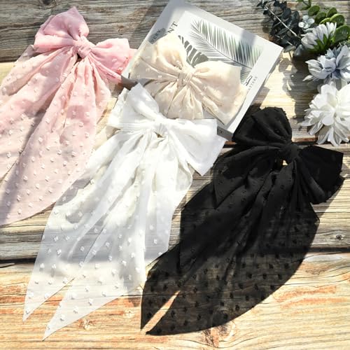 Large Hair Bows for Women,CEELGON 4 PCS Big Bow Clips for Girls French Barrette Bowknot with Long Tail for Women(White,Beige, Light Pink,Black)