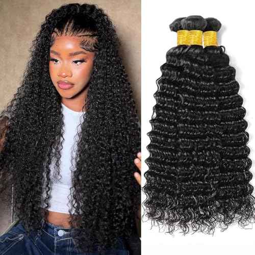 Deep Wave Human Hair Bundles Water Wave Brazilian Curly Human Hair Extensions 3 Bundles 18 18 18 Inch 100% Unprocessed Wet and Wavy for Black Women