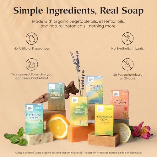 Organic Soap Bar Set - 6 Pack, Cold Process Natural Bar Soap for Women & Men for Sensitive Skin, Body, Face and Hands, Leaping Bunny Certified, Aromatherapy Bath & Shower Gift Set, Made in USA