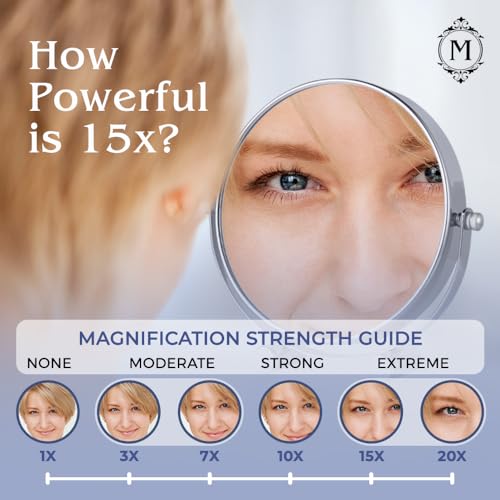 Small 15X Magnifying Tabletop Mirror for Makeup - Double Sided 15x and 1x Portable Make Up Mirror for Desk, Dressing Table and Retail Store - 6" Wide & 6.7" Tall (Chrome)