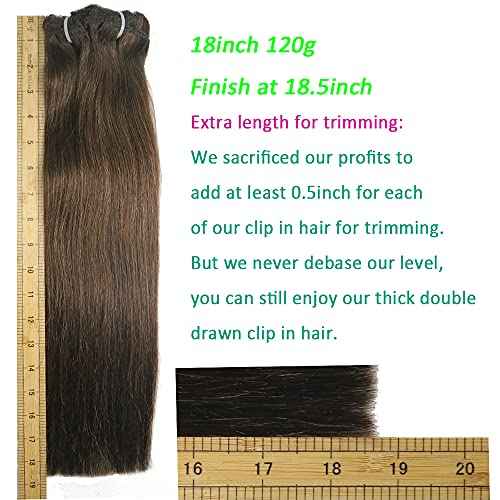Real Human Remy Hair Lace Clip In Hair Extensions 18inch Finsih at 18.5inch 120g Color #2 Dark Brown Double Wefted Thick Ends Silky Soft Long Lifespan Tangle Free Human Hair Extensions