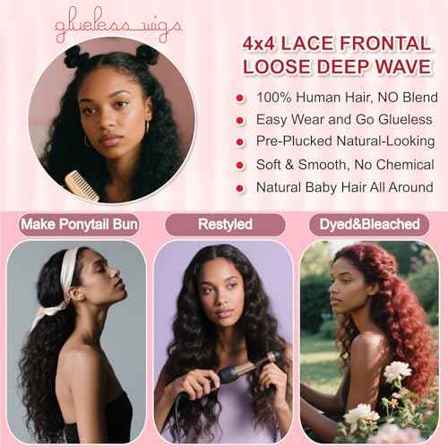 Loose Deep Wave 4X4 Lace Closure Wigs Human Hair Body Wave Curly Wear and Go Glueless Wig, 20 Inch Natural Black 4X4 HD Lace Front Pre Plucked Pre Cut Human Hair Wig with Baby Hair for Black Women