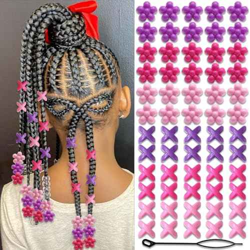 NAISKA 60Pcs Hot Pink Flower Hair Beads for Kids Purple Beads for Hair 3 Color Hair Beads for Braids Small Pony Dreadlock Beads Acrylic Beads Girls Braid Clips Accessories