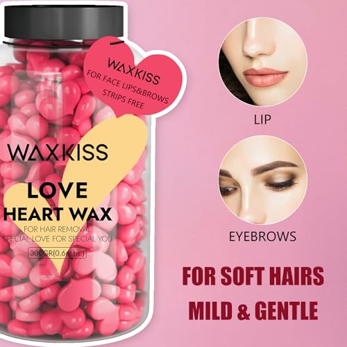 Waxkiss Love Heart Wax Beads for Hair Removal, 10.6 Oz Jar, Professional Hard Wax for Sensitive Skin, Unisex Facial Waxing Product for Brows And Lips (Cactus Blossom)