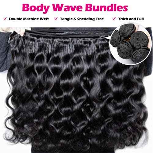 12A Human Hair Bundles with Closure 16 18 20 with 14 Inch Brazilian Body Wave 3 Bundles Human Hair with 4x4 HD Lace Closure 100% Unprocessed Virgin Human Hair Weave