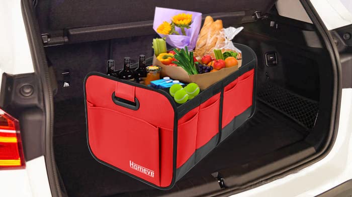 Homeve Trunk Organizer for Car, Car Storage, Reinforced Handles, Collapsible Multi-Compartment Car Organizers Foldable and Waterproof, 600D Oxford Polyester, Suitable for Any Car, SUV, Mini-Van, Red