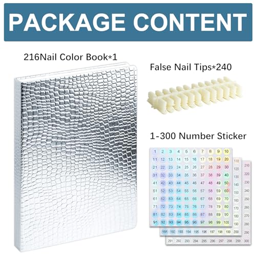 216 Nail Display Book with 240 Nail Tips & 300 Number Labels, Professional Gel Polish Nails Art Design Swatches Book (Silver)