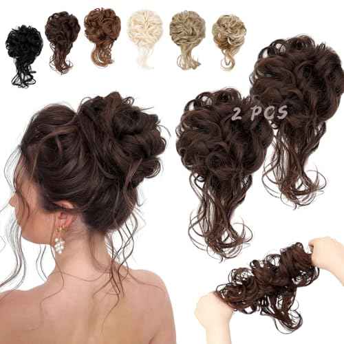 2PCS Messy Bun Hair Piece Tousled Updo with Tendrils Wavy Curly Hair Bun Scrunchies Ponytail Extension Elastic Band Hairpieces For Women (Medium Brown)