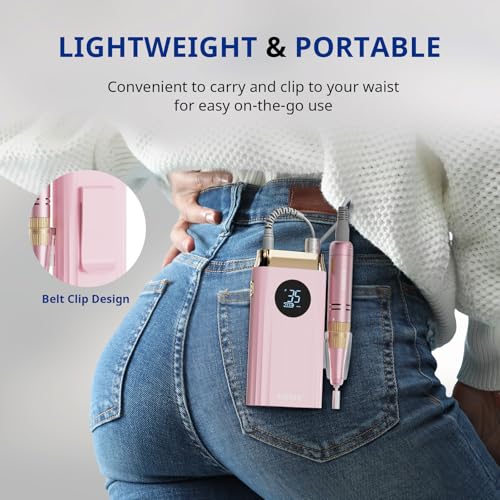 AIRSEE Professional Portable Nail Drill 35000RPM,Rechargeable Cordless Nail Drill for Manicure Salon Home, Eletric NALI E File for Acrylic Nails Gel Polishing Removing, EW4 Pink