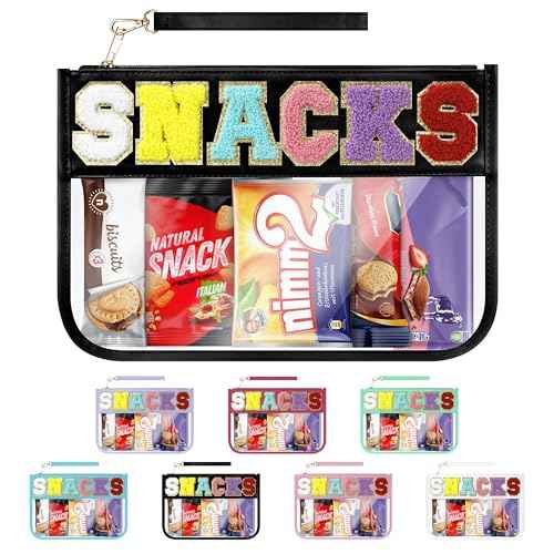 Snack Bag for Travel & Makeup - Clear Chenille Letter Zipper Pouch, Waterproof Cosmetic Tote Bag for Women & Girls (Black)