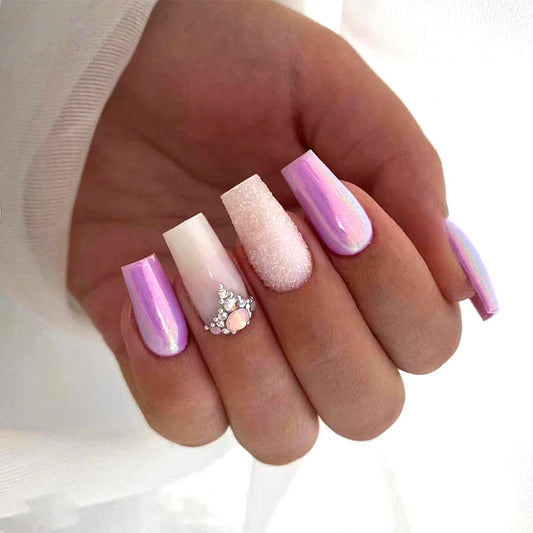 Long Press on Nails Glossy Long Fake Nails Coffin Press on Nails Square Purple Pink False Nails with Glitter & Rhinestones Design Acrylic Nails Press on Artificial Nails Stick on Nails For Women-24Pcs