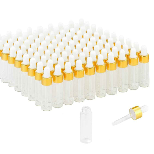 Parfumlism Mini Oil Bottles 5ml – 100pcs Golden Collar Glass Dropper Bottles for Liquid Storage, Sample Distribution, Business Gifts, Beauty Products, and Travel Use