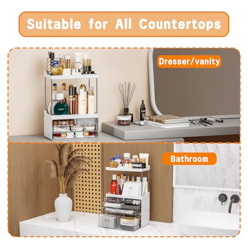 Yieach Bathroom Counter Organizers and Storage,White Acrylic Makeup Organizers with Drawers for Vanity,Bedroom,Plastic Skincare Organizer for Dresser Top Beauty,Cosmetic,Lotion and Perfume Organizer
