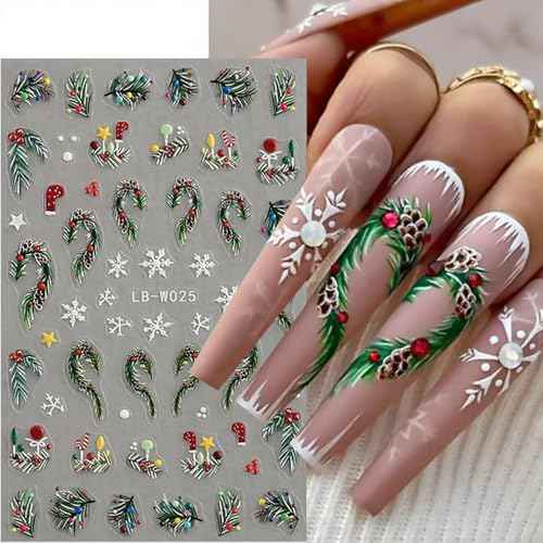 Christmas Nail Art Stickers, 5D Embossed Holly Leaf Nail Decals Green Red Winter Leaf Reindeer Snowflake Design Holiday Nail Art Supplies for Women Girls(4Sheets)