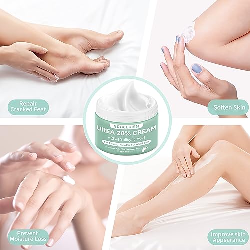 Grocerism Urea Cream 20 Percent For Feet Plus 2% Salicylic Acid 8.82 oz || Foot Cream and Hand Cream Maximum Strength with Hyaluronic Acid, Tea Tree, and Aloe Vera for Deep Moisturizes, Callus Remover