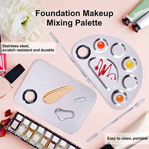 Stainless Steel Metal Makeup Palette with Spatula Artist Tool for Mixing Foundation Nail-Art, Cosmetic Makeup Palette, Makeup Plate, 6¡¿4"/Silver/2pcs