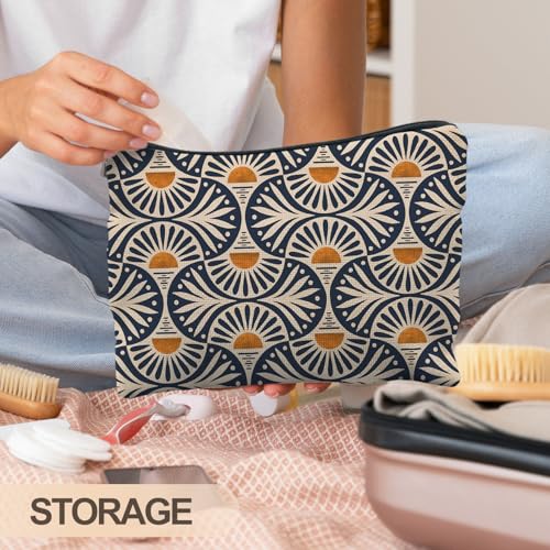 Boho Makeup Bag with Sunset Leaf Design | Linen Canvas Pouch
