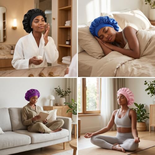 Extra Large Silk Bonnet 4 Pack for Curly Hair - No Slip Design