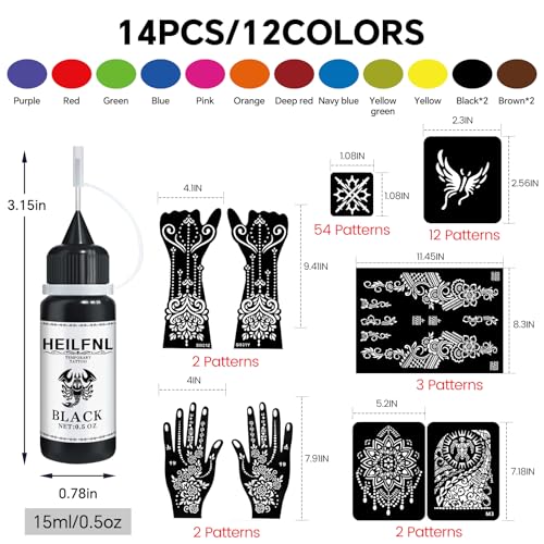 Temporary Tattoo Kit - 14 Bottles Color Temporary Tattoo Ink with 75 Pcs Stencils, DIY Fake Tattoos - Suitable for Adults, Teens, Women, Men & Art Painting Party