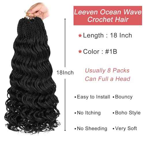 Leeven 18 Inch Pre Looped Ocean Wave Crochet Hair 8 Packs Black Long Curly Crochet Hair Boho Ocean Braids Pre Twisted Synthetic Deep Wavy Crochet Braids for Women