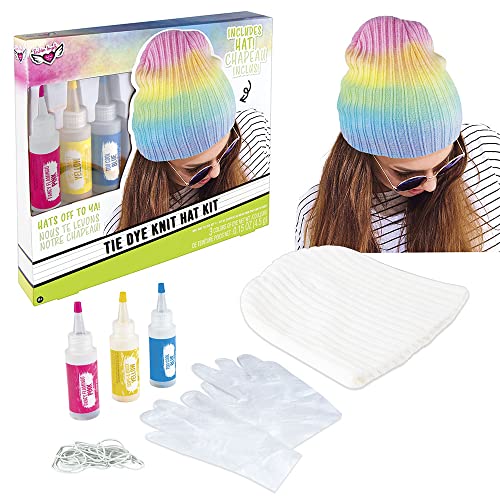 Fashion Angels Tie Dye Knit Hat Kit - 1 One-Size-Fits-Most Knit Cap, 3 Colors of Pre-Measured Dye (Pink, Yellow, Blue), Rubber Bands, Latex Free Gloves - Easy to Do, Mess Free Fun - Ages 8 and Up