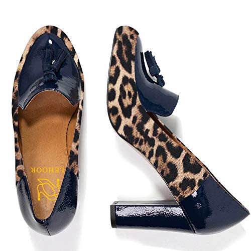 LEHOOR Women Chunky Block High Heel Fringed Pumps Round Toe, Slip On Dress Loafers with Tassel Suede Patent Leather Patchwork for Ladies Girls Office 4-15 M US