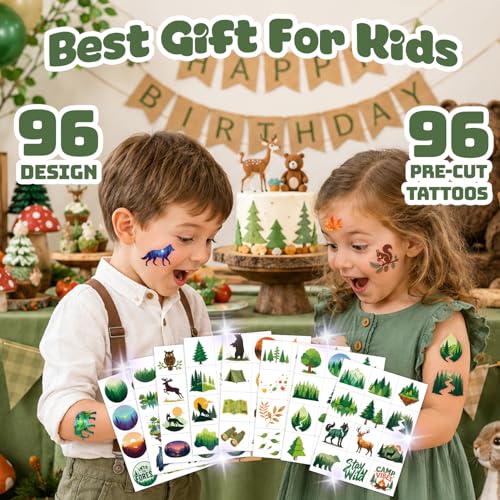 96 PCS Woodland Temporary Tattoos for Kids | Forest Animal Party Favors