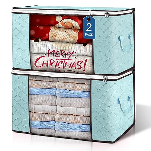 Large Storage Bags, 2 Pack Clothes Storage Bins Foldable Closet Organizers Storage Containers with Durable Handles Thick Fabric for Blanket Comforter Clothing Bedding 90L