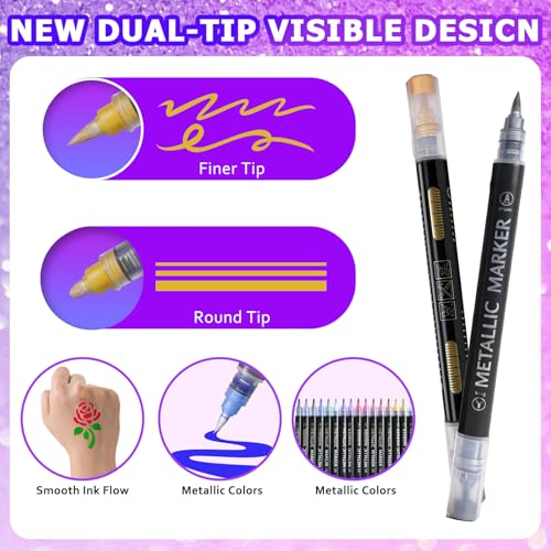 Temporary Tattoo Markers with Stencils - 16 Dual-End Pens + 12 Reusable