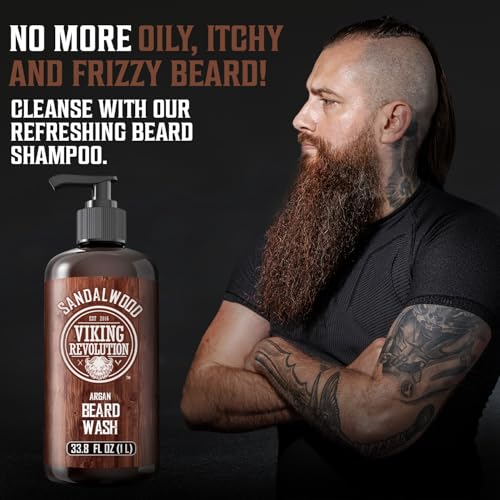 Viking Revolution Sandalwood Beard Wash for Men with Argan Oil - Beard Softener and Strengthener Beard Shampoo with Ginseng, Red Sage, Vitamin B5, Vitamin E - Sandalwood Beard Care (33.8 Fl oz)