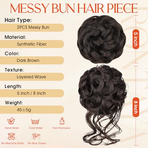 RONTAYA Messy Bun Hair Pieces - 2pc Dark Brown Wavy Curly Updo