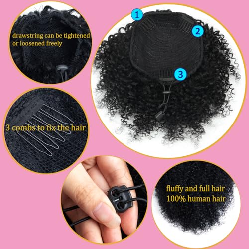 VADES Curly Drawstring Ponytail Human Hair Extension Kinky Curly Hair Ponytail 100% Human Hair Fake Ponytail Clip in Ponytail Wig#1 Jet Black 10 inch With 3 Stable Combs