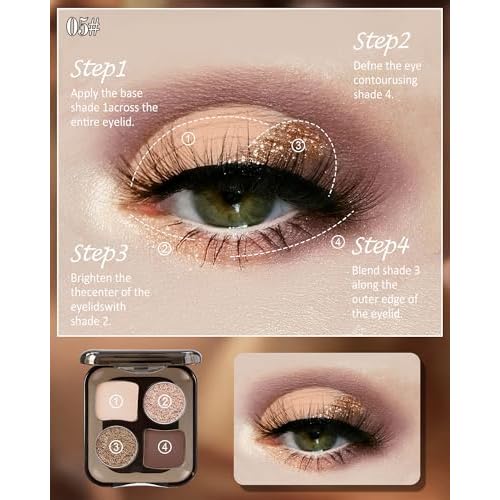 4 Colors Eyeshadow Palette, Matte & Shimmer Powder Makeup Palette, Highly Pigmented Blendable, Long Lasting Waterproof, Eye Shadow Palettes for Older Women, Neutral Shades Nude Beige and Brown-05