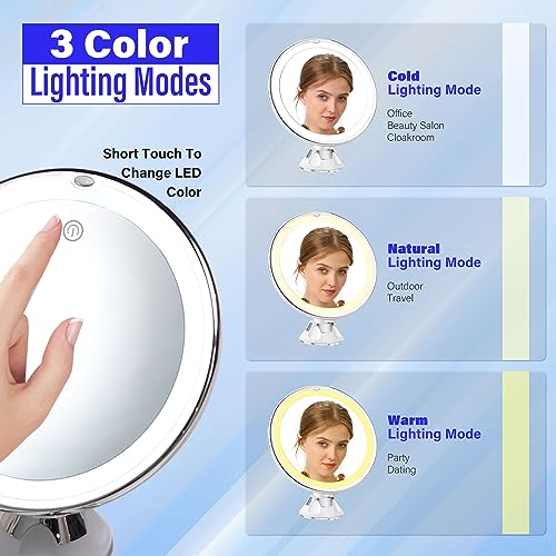 Snowflakes 10x Magnifying Lighted Makeup Mirror with Lights, Suction Cups, and 360¡Æ Swivel ? Touch Control, 3 Light Modes ? Ideal for Home, Bathroom Vanity, and Travel