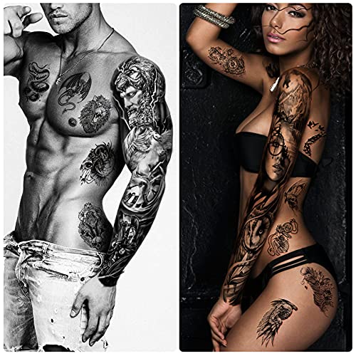 46 sheets Full Arm Skull Temporary Tattoos For Men Half Arm Shoulder Angel Tattoo for Ladies Fake Waterproof Wolf Lion Stone Tattoo Stickers For Adult or Kids