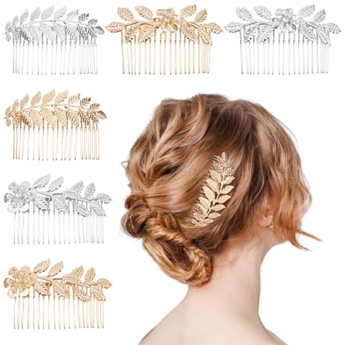 6 Pcs Leaf Hair Side Combs Gold & Silver Rhinestone Clips