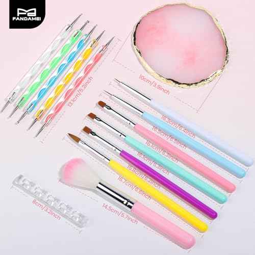 FANDAMEI Nail Tools Kit, 6PCS Nail Brushes for Nail Art, 1PCS Resin Nail Polish Palette, 1PCS Nail Clean Up Brushes, 5PCS Dotting Pen Nail Design Tools, Nail Polish Mixing Palette Nail Art Tools