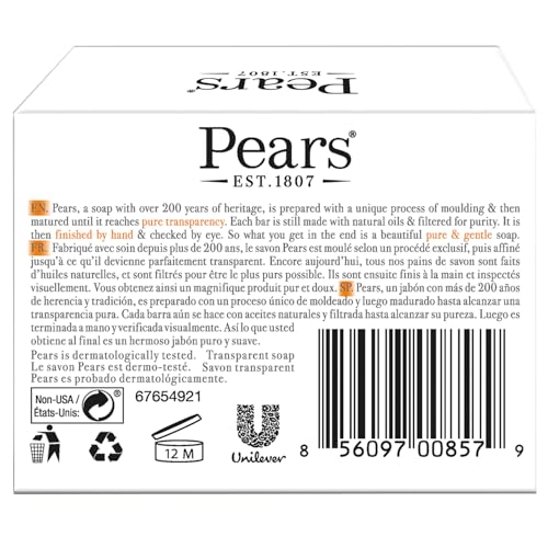 Pears Soap, Pure & Gentle with Natural Oils, 24-Pack ? Transparent Amber Glycerin Soap for Pampered, Glowing Skin, 4.4 Oz Ea
