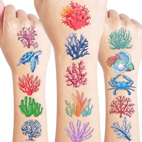 100 PCS Coral Ocean Temporary Tattoos for Kids - Waterproof