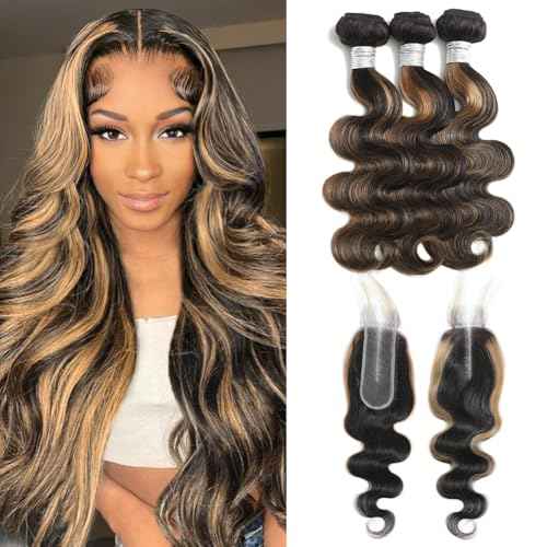 P1b/27 Human Hair Bundles Body Wave 2x6 Closure with Bundles 16 18 20+14 Inch, Honey Blonde Highlight Loose Wave Weave 12A Black Balayage Bundles with 2x6 Lace Sew In Closure