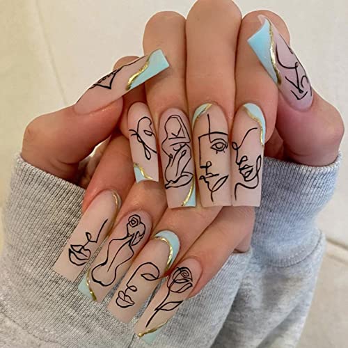 FOAMEE Coffin Press on Nails Long Fake Nails with Design Abstract lines Matte Glue on Nails Ballerina Stick on Artificial Nails for Women