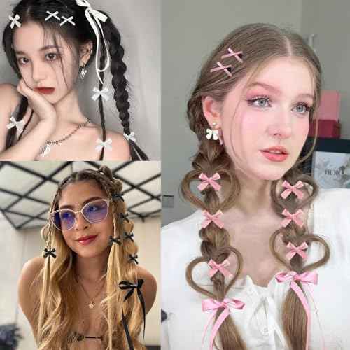 Mini Hair Bows for Women Girls Cute Hair Clips Small Alligator Long Tail Hair Ribbon Accessories -3 Styles -36P - Black White Pink