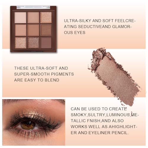 9 Colors Neutral Brown Glitter Eyeshadow Palette ? Matte & Shimmer High Pigment Long-Lasting Blendable Bronze Gold Nude Eye Shadow for Soft Glam, Smokey Eyes, Daily Makeup & Mature Lids