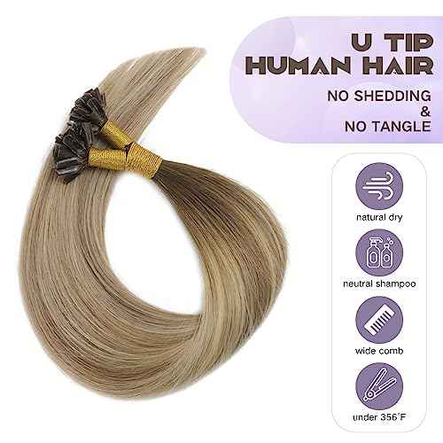 Sindra U Tip Hair Extensions Real Human Hair Color Darker Brown to Highlighted Blonde 20inch 50Grams Prebonded Fusion Keratin Tip Hair Extensions£¨Utip#3/8/22-20inch£©