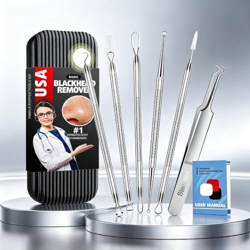 Blackhead Remover Tools Kit - Gentle Pimple Popper Set with Case - Cool Black Variation