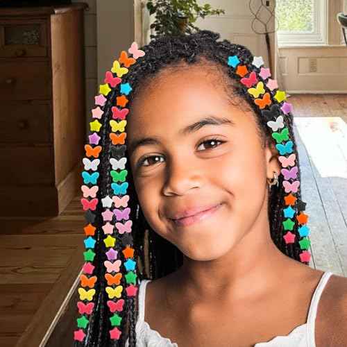Waldeinsamkeit 200 Silicone Hair Beads Set 5mm Butterfly Star Hair Beads 10 Colors for Girls Braids 2 Plastic Quick Beaders 100 Elastic Rubber Bands Soft Micro Silicone Hair Beads for Braids