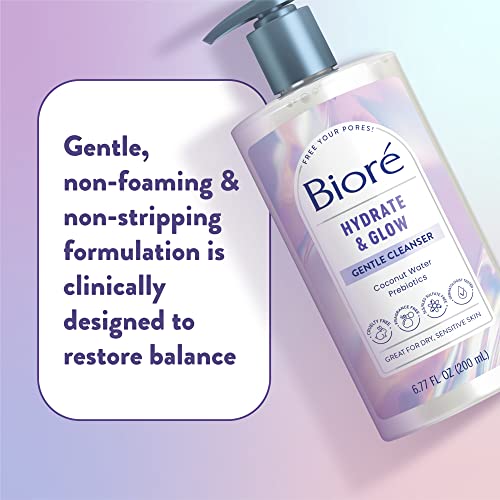 Bioré Hydrate & Glow Gentle Face Wash for Dry Skin, Sensitive Skin, Dermatologist Tested, Fragrance Free, SLS/SLES Sulfate Free Facial Cleanser, Cruelty Free & Vegan Friendly 6.77 Oz Bottle