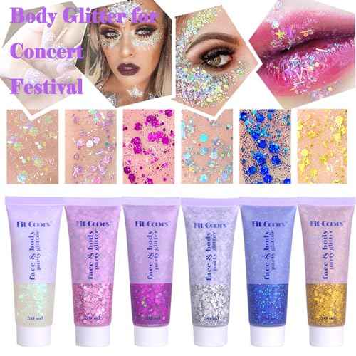 Body Glitter Face Glitter Gel: Singer Concerts Disco Festival Rave Accessories Face Glitter Makeup 150ml Chunky Sequins Mermaid Face Body Hair Glitter Gel (White&Silver&Pink)