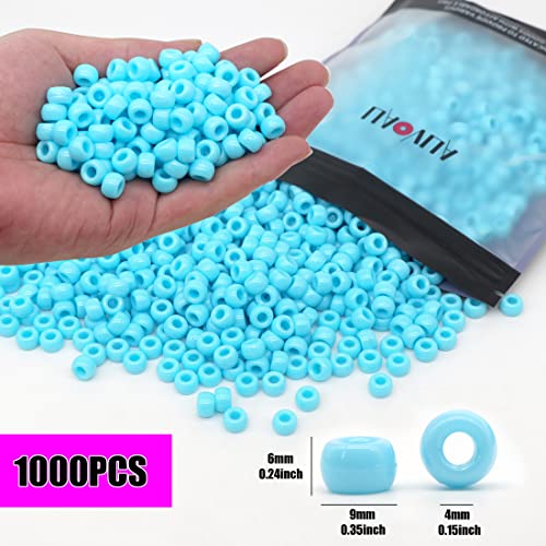 Auvoau 1000Pcs Pony Beads Bracelet 9mm Blue Plastic Barrel Pony Beads for Necklace,Hair Beads for Braids for Girls,Key Chain,Jewelry Making (Blue)