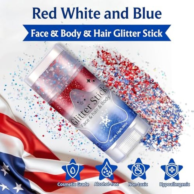 AROIC 6Pc Patriotic Glitter Sticks - Red White Blue Face & Body